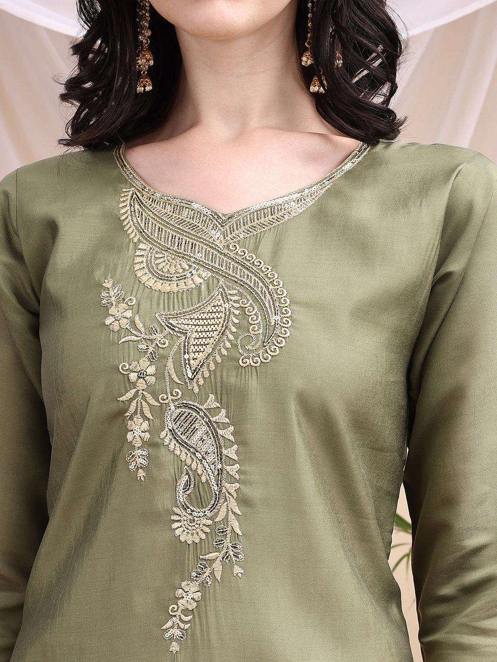 Embroidered Kurta With Pant & Printed Dupatta, Olive - Hiral Fashion | Grocsy