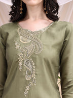 Embroidered Kurta With Pant & Printed Dupatta, Olive - Hiral Fashion | Grocsy