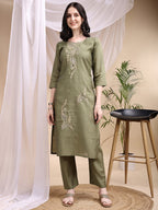 Embroidered Kurta With Pant & Printed Dupatta, Olive - Hiral Fashion | Grocsy
