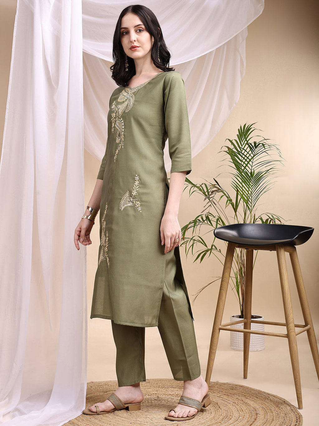 Embroidered Kurta With Pant & Printed Dupatta, Olive - Hiral Fashion | Grocsy