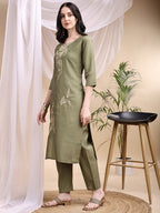 Embroidered Kurta With Pant & Printed Dupatta, Olive - Hiral Fashion | Grocsy