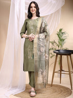 Embroidered Kurta With Pant & Printed Dupatta, Olive - Hiral Fashion | Grocsy