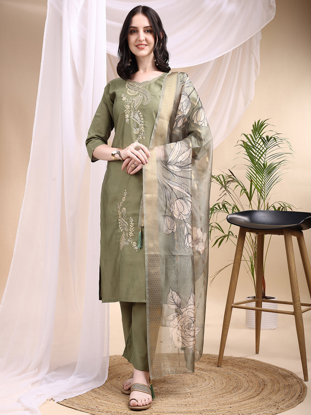 Embroidered Kurta With Pant & Printed Dupatta, Olive - Hiral Fashion | Grocsy