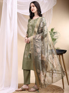 Embroidered Kurta With Pant & Printed Dupatta, Olive - Hiral Fashion | Grocsy