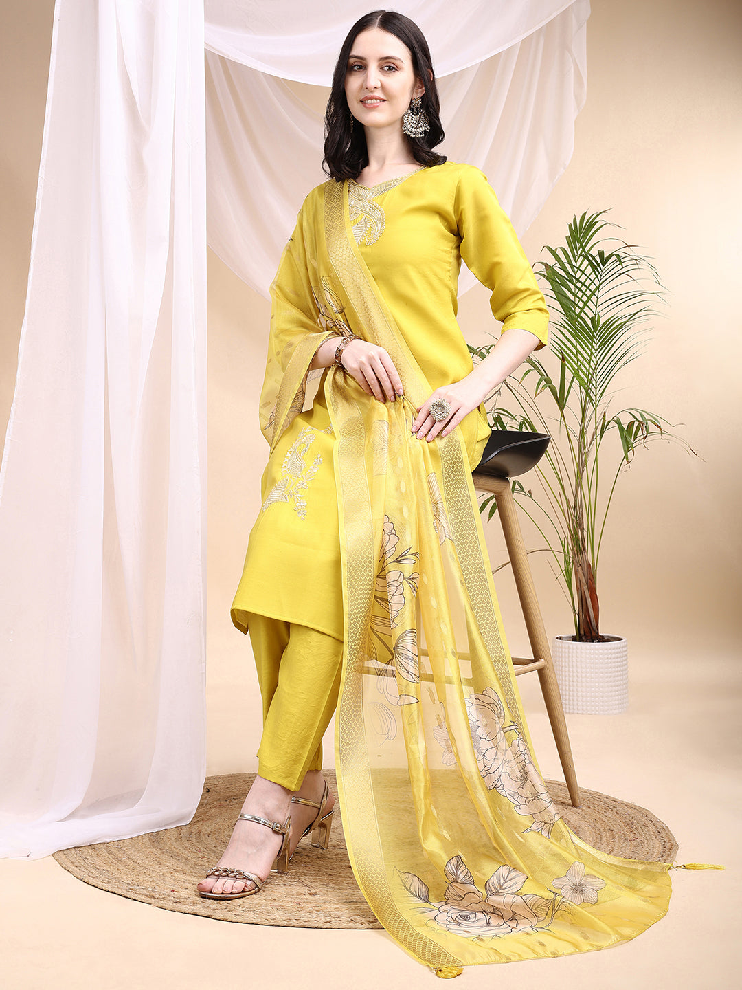 Embroidered Kurta With Pant & Printed Dupatta, Yellow - Hiral Fashion | Grocsy