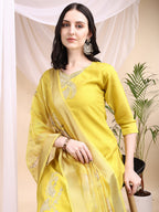 Embroidered Kurta With Pant & Printed Dupatta, Yellow - Hiral Fashion | Grocsy