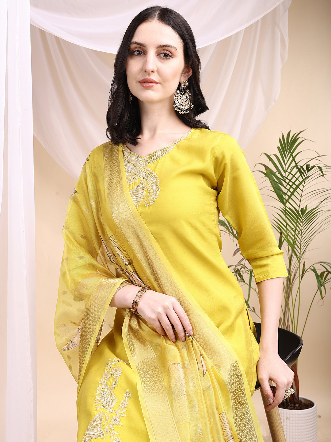 Embroidered Kurta With Pant & Printed Dupatta, Yellow - Hiral Fashion | Grocsy