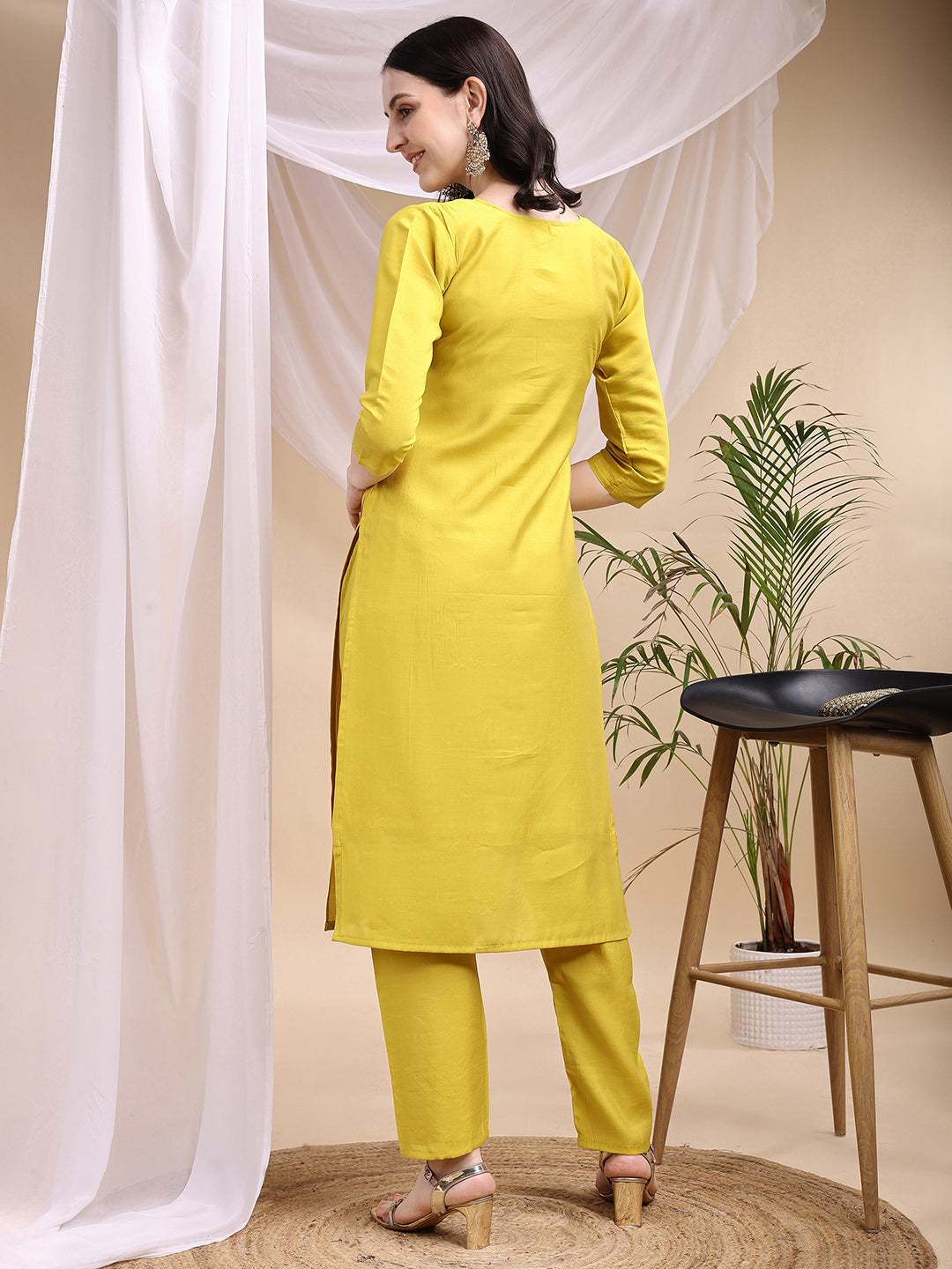 Embroidered Kurta With Pant & Printed Dupatta, Yellow - Hiral Fashion | Grocsy