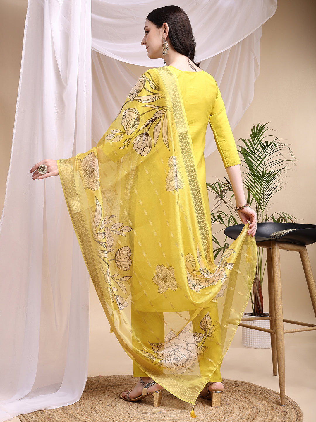 Embroidered Kurta With Pant & Printed Dupatta, Yellow - Hiral Fashion | Grocsy