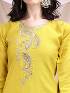 Embroidered Kurta With Pant & Printed Dupatta, Yellow - Hiral Fashion | Grocsy