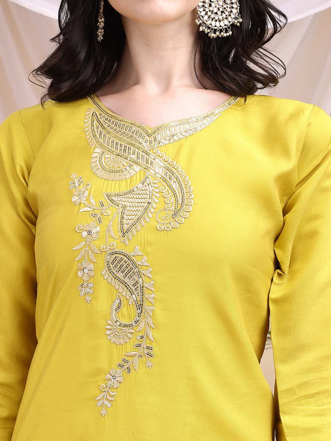 Embroidered Kurta With Pant & Printed Dupatta, Yellow - Hiral Fashion | Grocsy