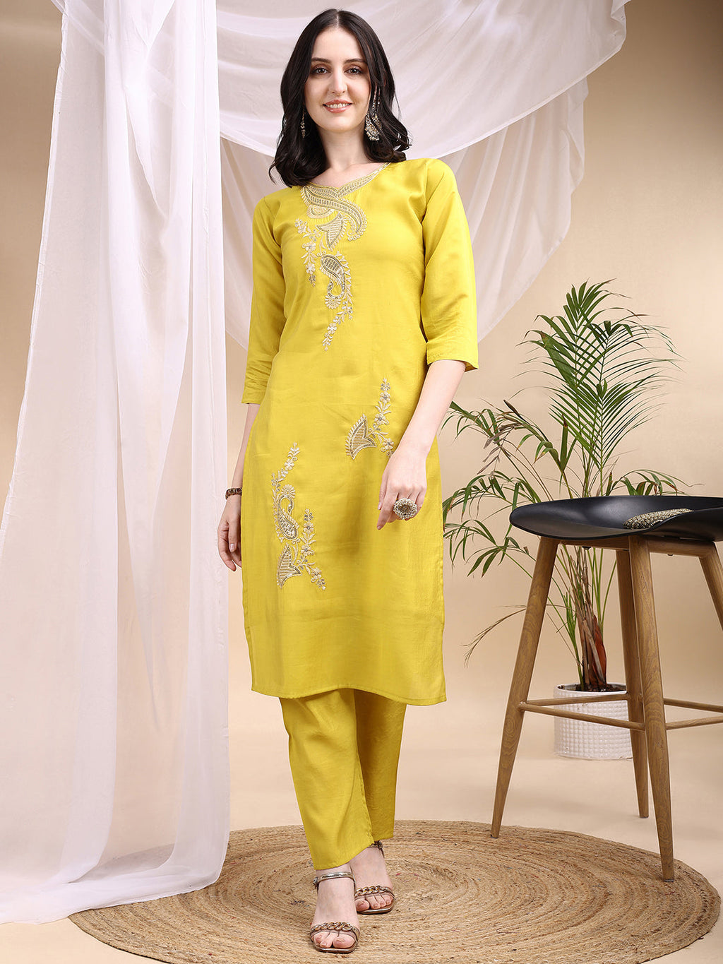 Embroidered Kurta With Pant & Printed Dupatta, Yellow - Hiral Fashion | Grocsy