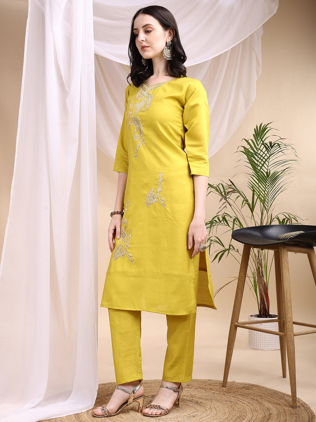 Embroidered Kurta With Pant & Printed Dupatta, Yellow - Hiral Fashion | Grocsy