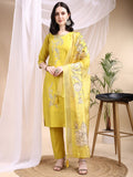 Embroidered Kurta With Pant & Printed Dupatta, Yellow - Hiral Fashion | Grocsy