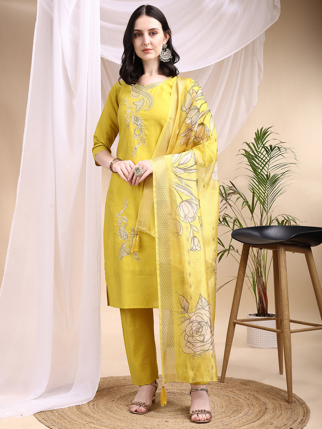 Embroidered Kurta With Pant & Printed Dupatta, Yellow - Hiral Fashion | Grocsy