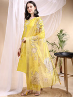 Embroidered Kurta With Pant & Printed Dupatta, Yellow - Hiral Fashion | Grocsy