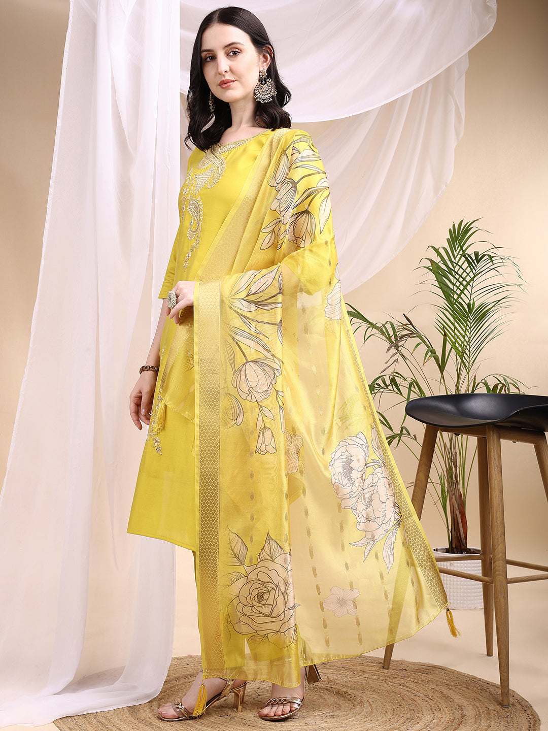 Embroidered Kurta With Pant & Printed Dupatta, Yellow - Hiral Fashion | Grocsy
