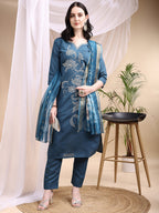 Embroidered Kurta With Pant & Printed Dupatta, Blue - Hiral Fashion | Grocsy