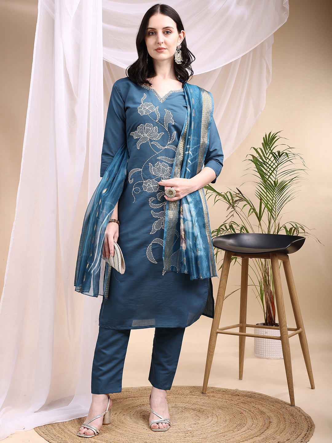 Embroidered Kurta With Pant & Printed Dupatta, Blue - Hiral Fashion | Grocsy