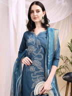 Embroidered Kurta With Pant & Printed Dupatta, Blue - Hiral Fashion | Grocsy