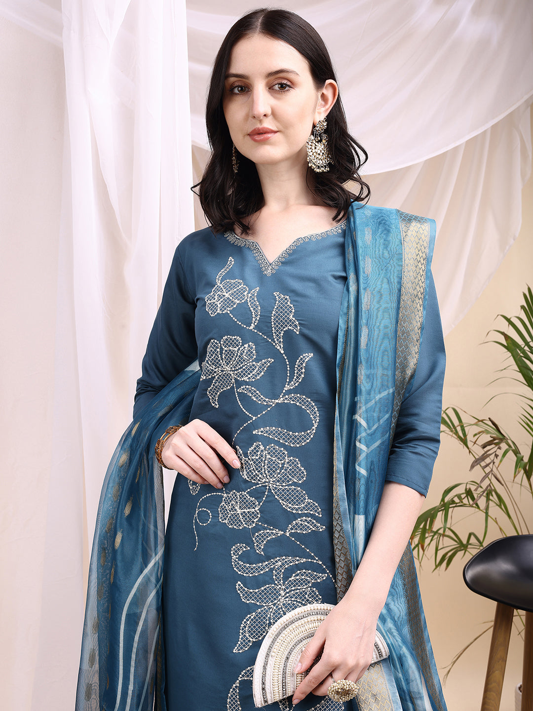 Embroidered Kurta With Pant & Printed Dupatta, Blue - Hiral Fashion | Grocsy