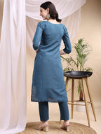 Embroidered Kurta With Pant & Printed Dupatta, Blue - Hiral Fashion | Grocsy