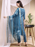 Embroidered Kurta With Pant & Printed Dupatta, Blue - Hiral Fashion | Grocsy