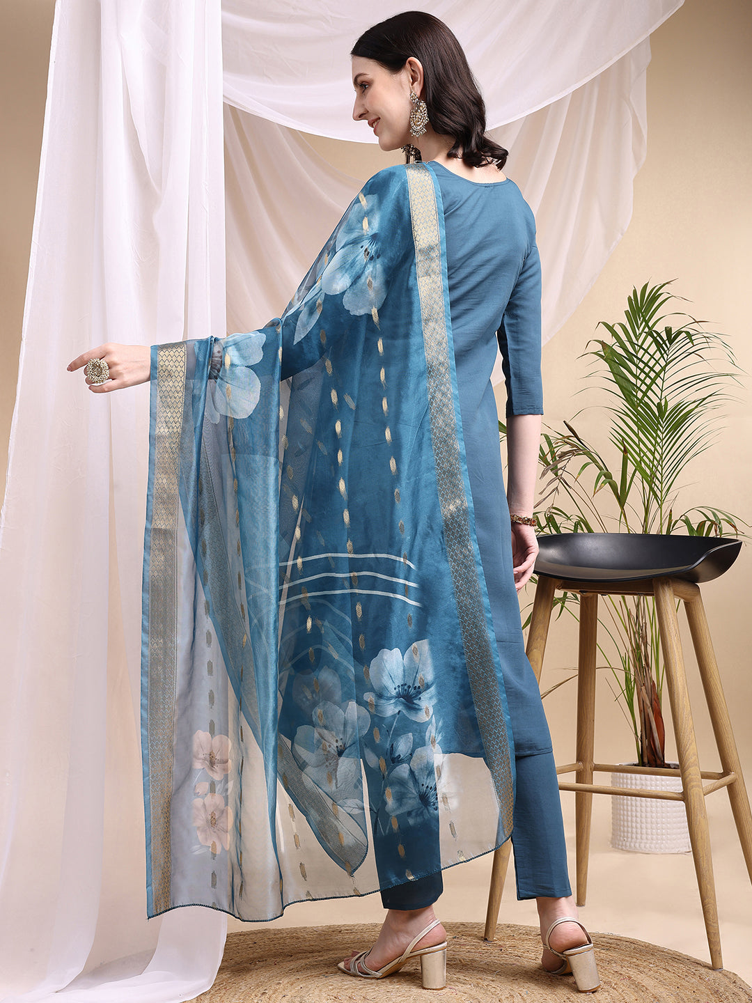 Embroidered Kurta With Pant & Printed Dupatta, Blue - Hiral Fashion | Grocsy