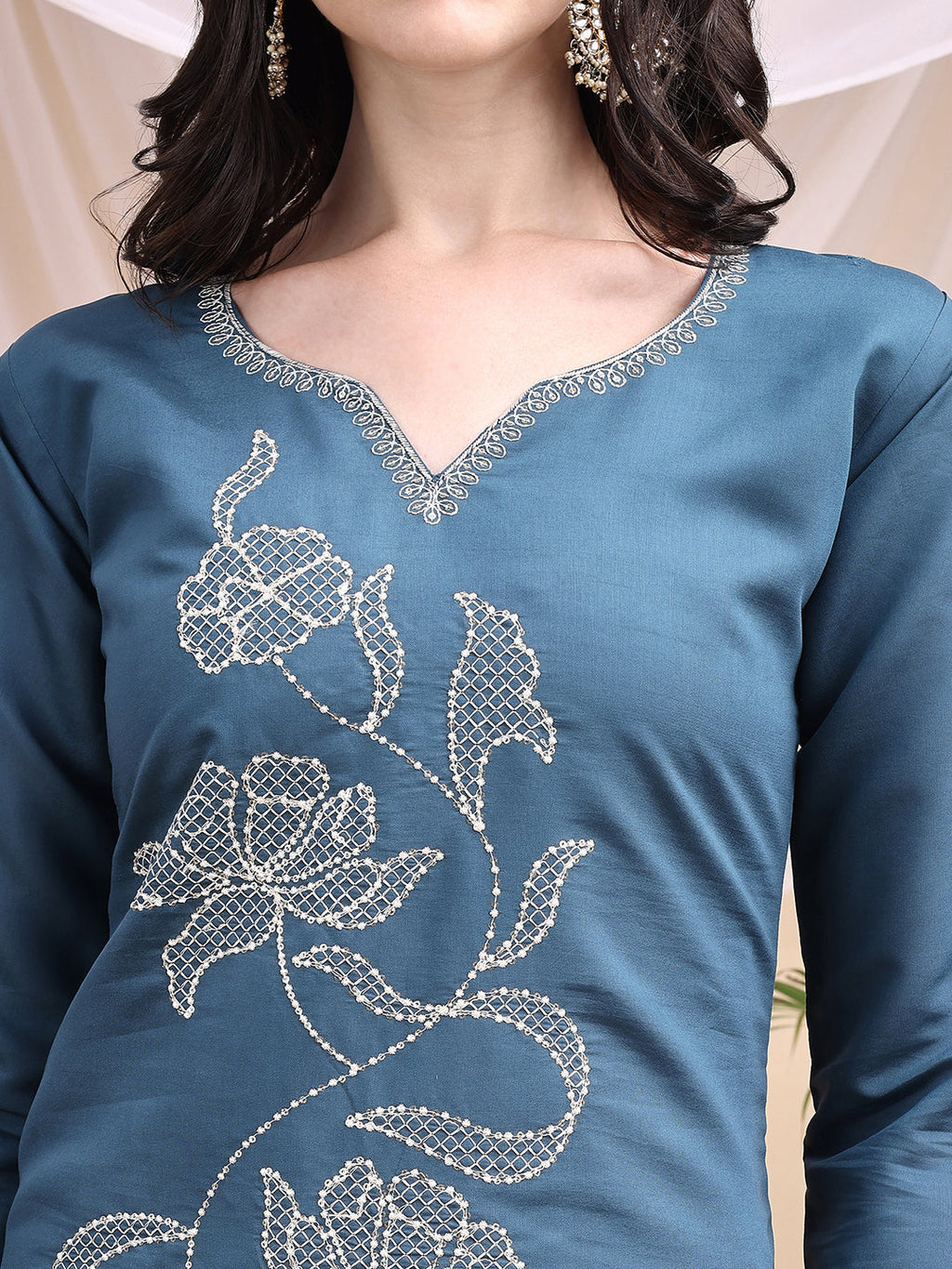Embroidered Kurta With Pant & Printed Dupatta, Blue - Hiral Fashion | Grocsy