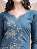 Embroidered Kurta With Pant & Printed Dupatta, Blue - Hiral Fashion | Grocsy