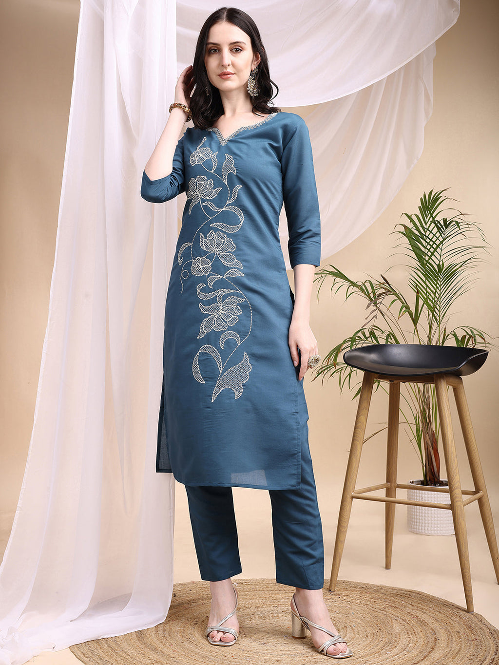 Embroidered Kurta With Pant & Printed Dupatta, Blue - Hiral Fashion | Grocsy