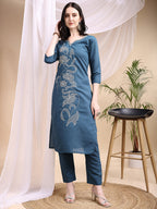 Embroidered Kurta With Pant & Printed Dupatta, Blue - Hiral Fashion | Grocsy