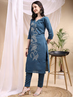 Embroidered Kurta With Pant & Printed Dupatta, Blue - Hiral Fashion | Grocsy