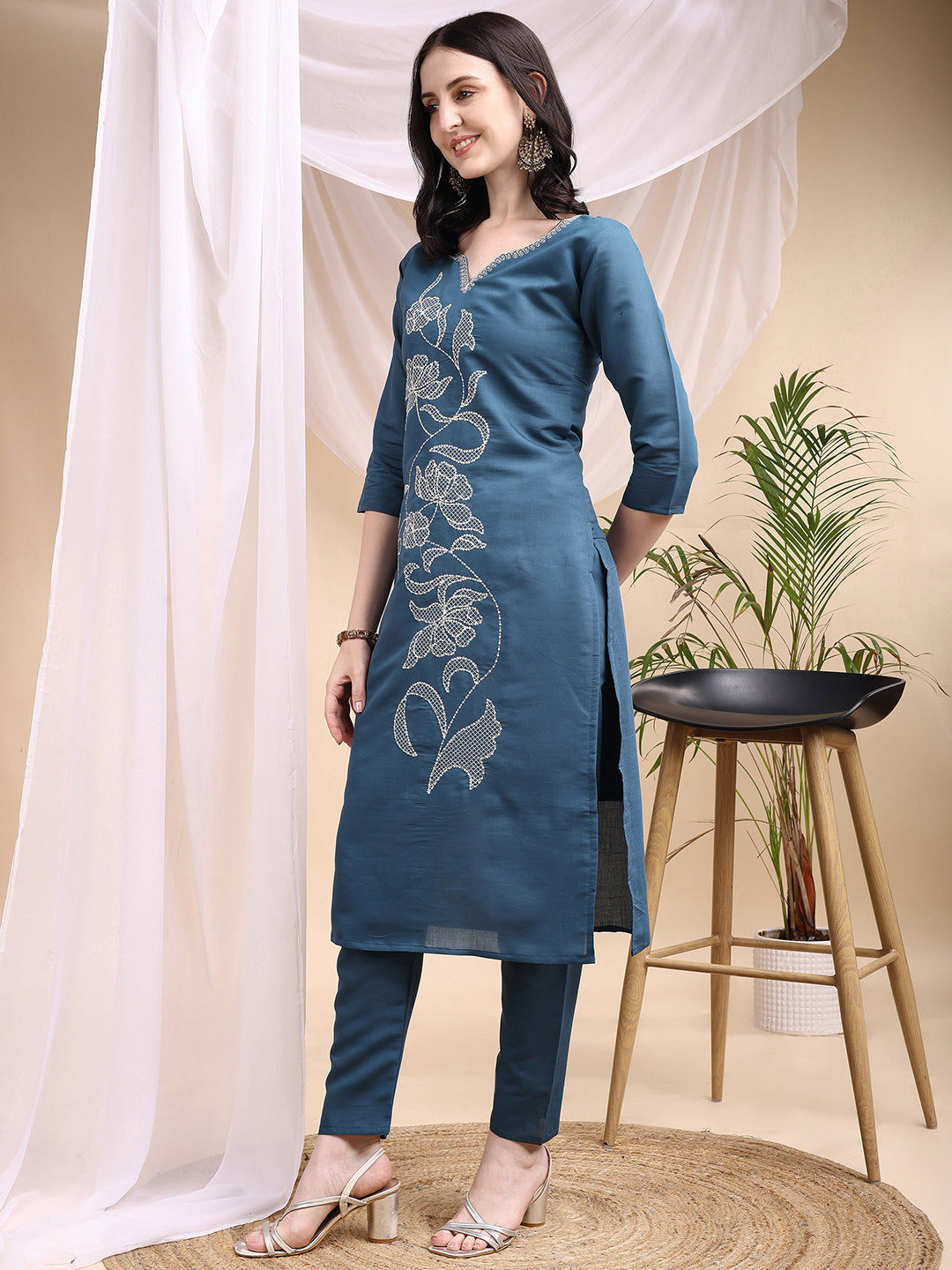 Embroidered Kurta With Pant & Printed Dupatta, Blue - Hiral Fashion | Grocsy
