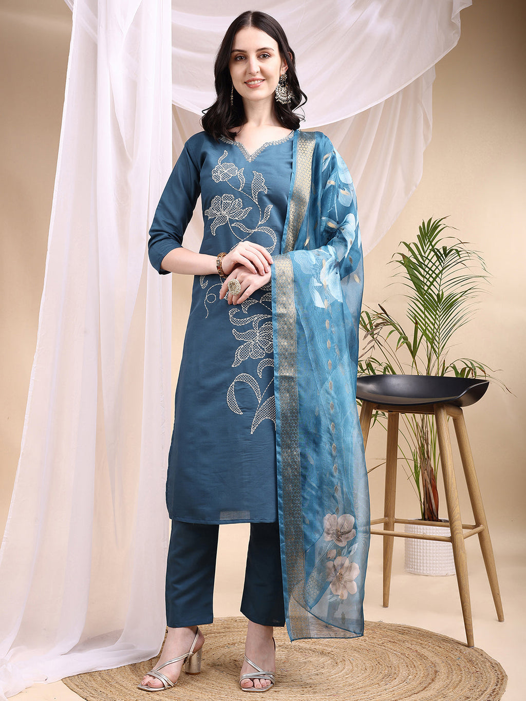 Embroidered Kurta With Pant & Printed Dupatta, Blue - Hiral Fashion | Grocsy