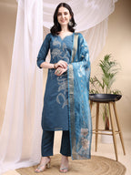 Embroidered Kurta With Pant & Printed Dupatta, Blue - Hiral Fashion | Grocsy