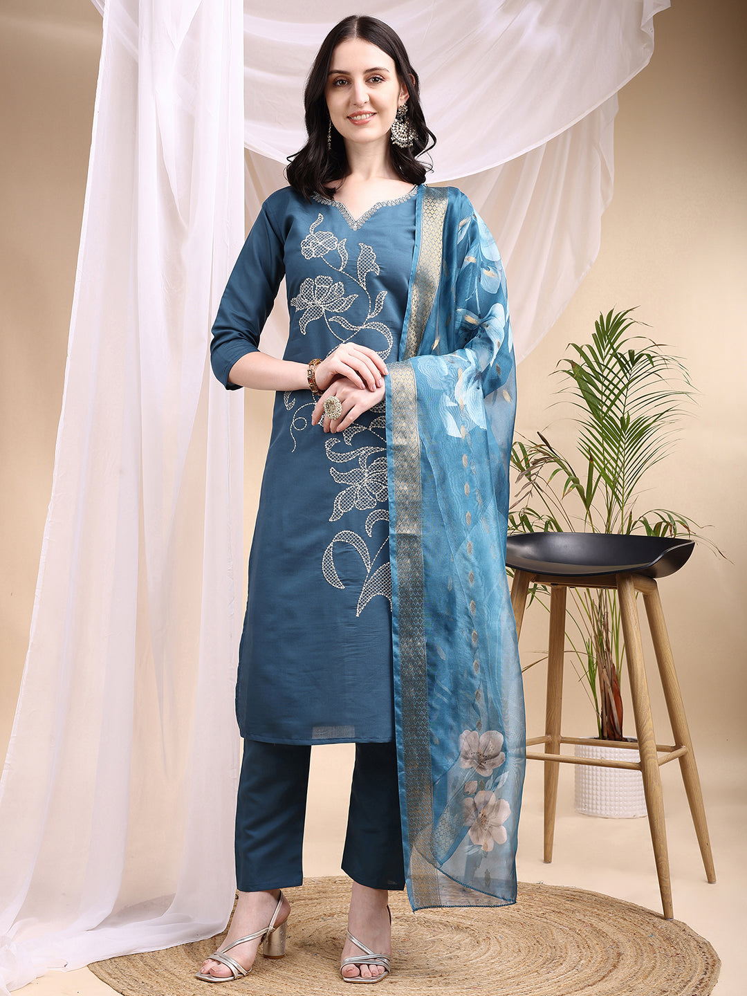 Embroidered Kurta With Pant & Printed Dupatta, Blue - Hiral Fashion | Grocsy