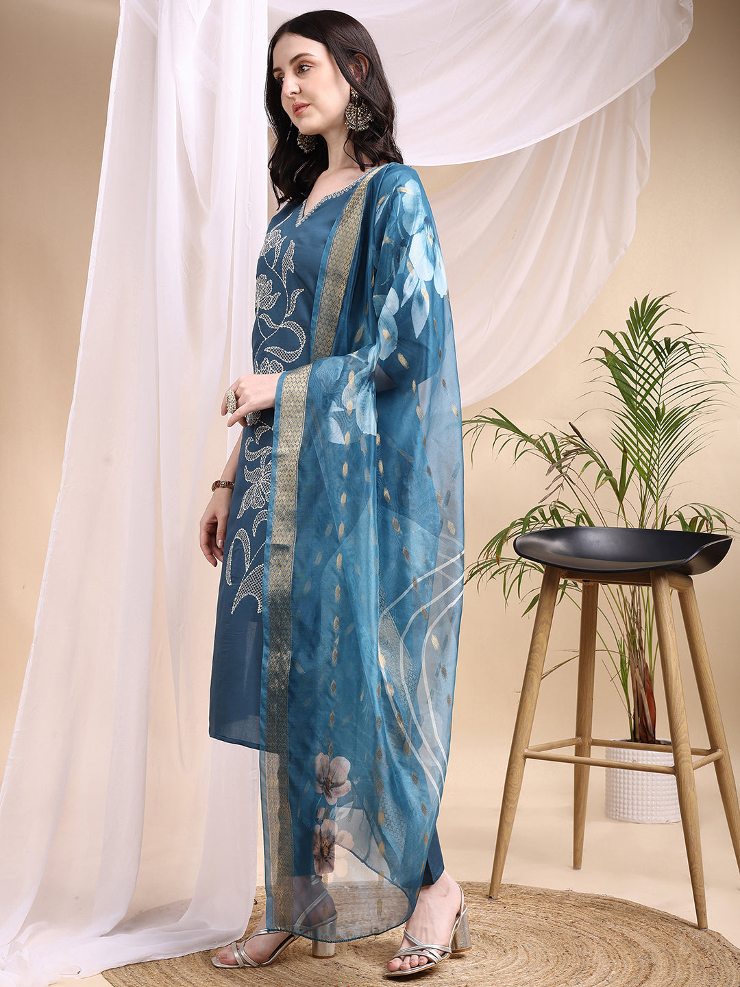 Embroidered Kurta With Pant & Printed Dupatta, Blue - Hiral Fashion | Grocsy