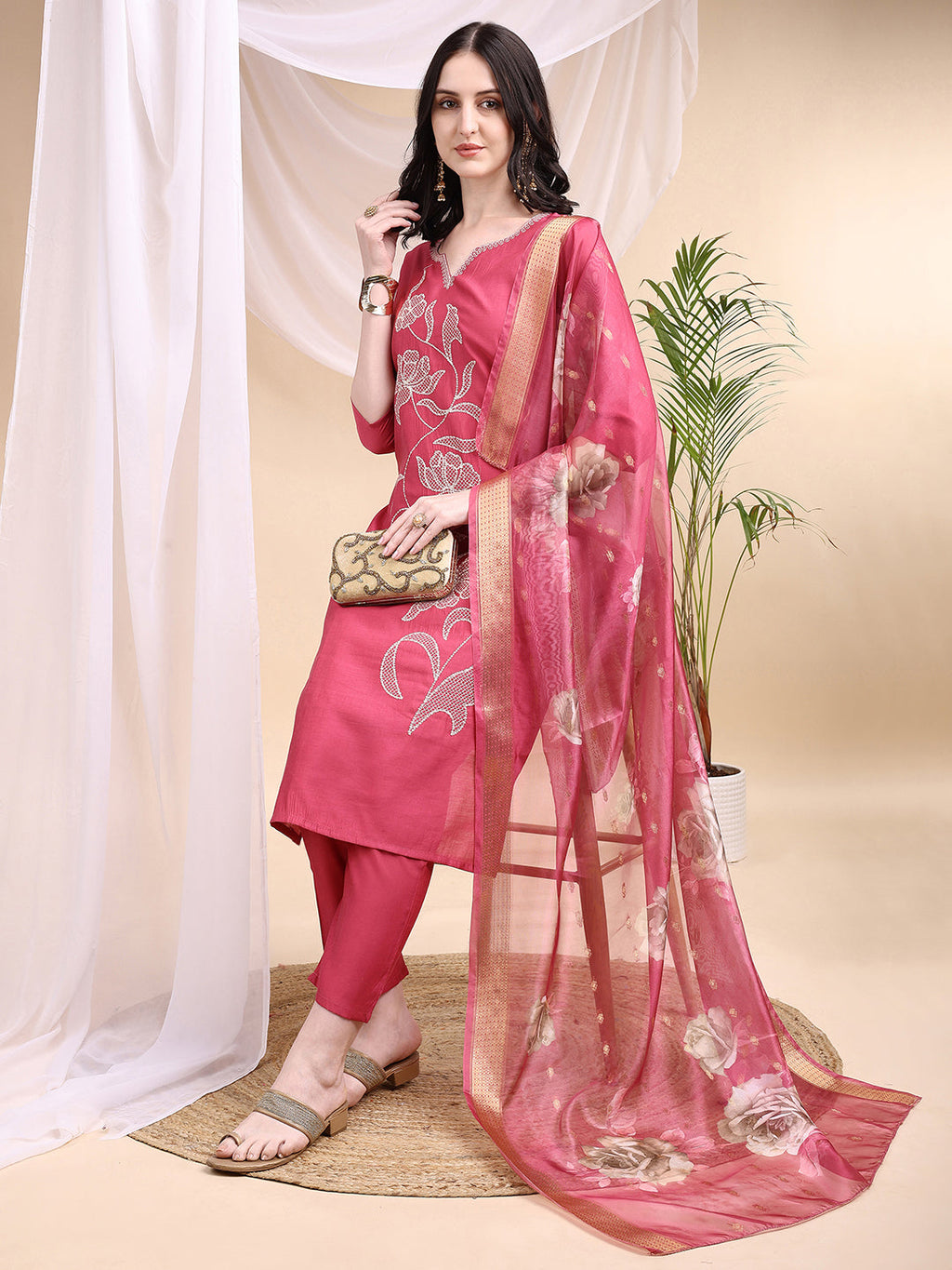 Embroidered Kurta With Pant & Printed Dupatta, Pink - Hiral Fashion | Grocsy