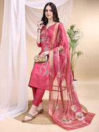 Embroidered Kurta With Pant & Printed Dupatta, Pink - Hiral Fashion | Grocsy