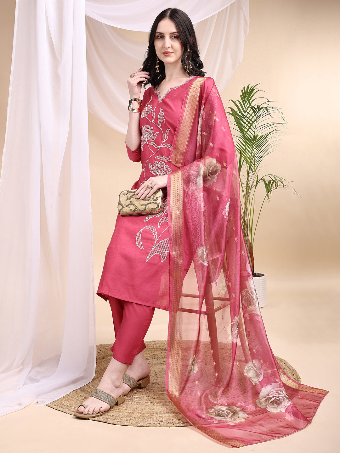 Embroidered Kurta With Pant & Printed Dupatta, Pink - Hiral Fashion | Grocsy