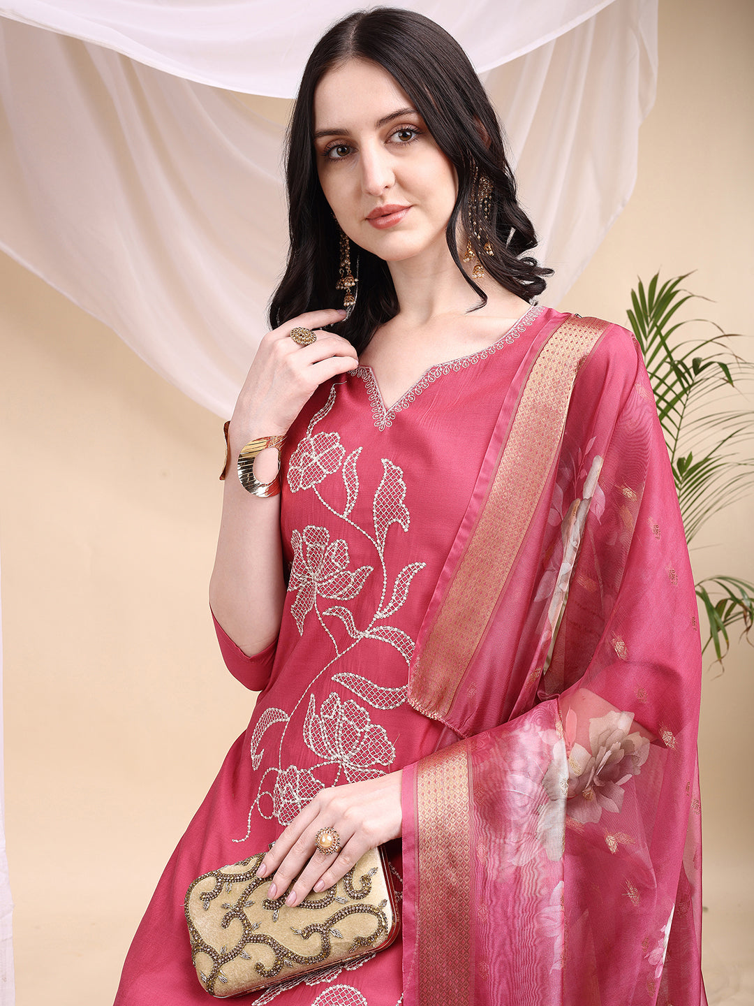 Embroidered Kurta With Pant & Printed Dupatta, Pink - Hiral Fashion | Grocsy