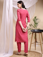 Embroidered Kurta With Pant & Printed Dupatta, Pink - Hiral Fashion | Grocsy
