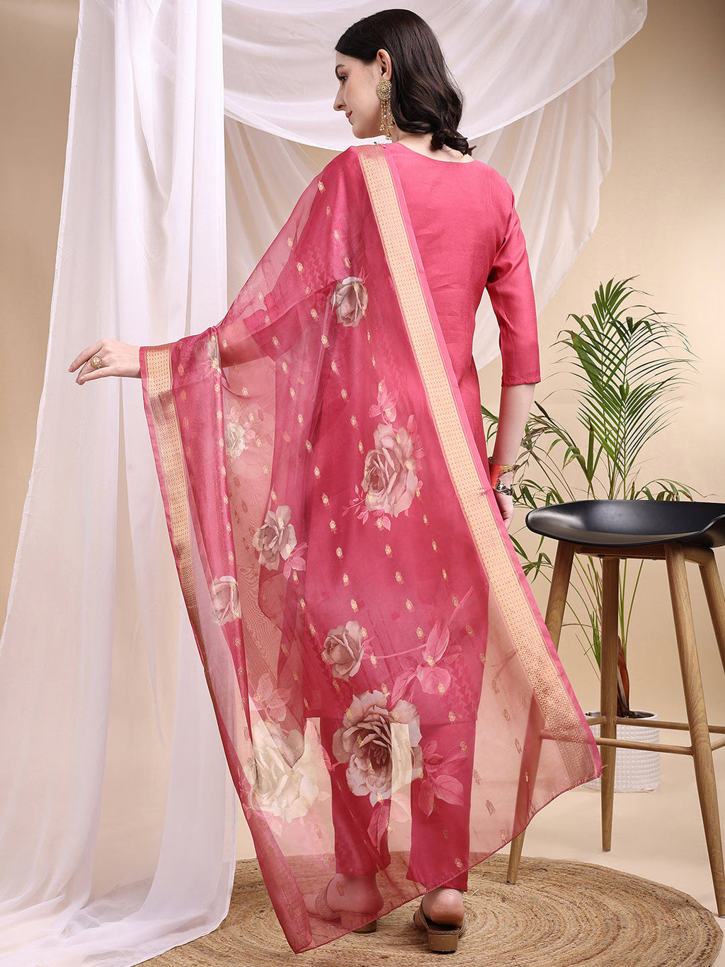 Embroidered Kurta With Pant & Printed Dupatta, Pink - Hiral Fashion | Grocsy
