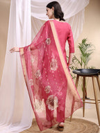 Embroidered Kurta With Pant & Printed Dupatta, Pink - Hiral Fashion | Grocsy