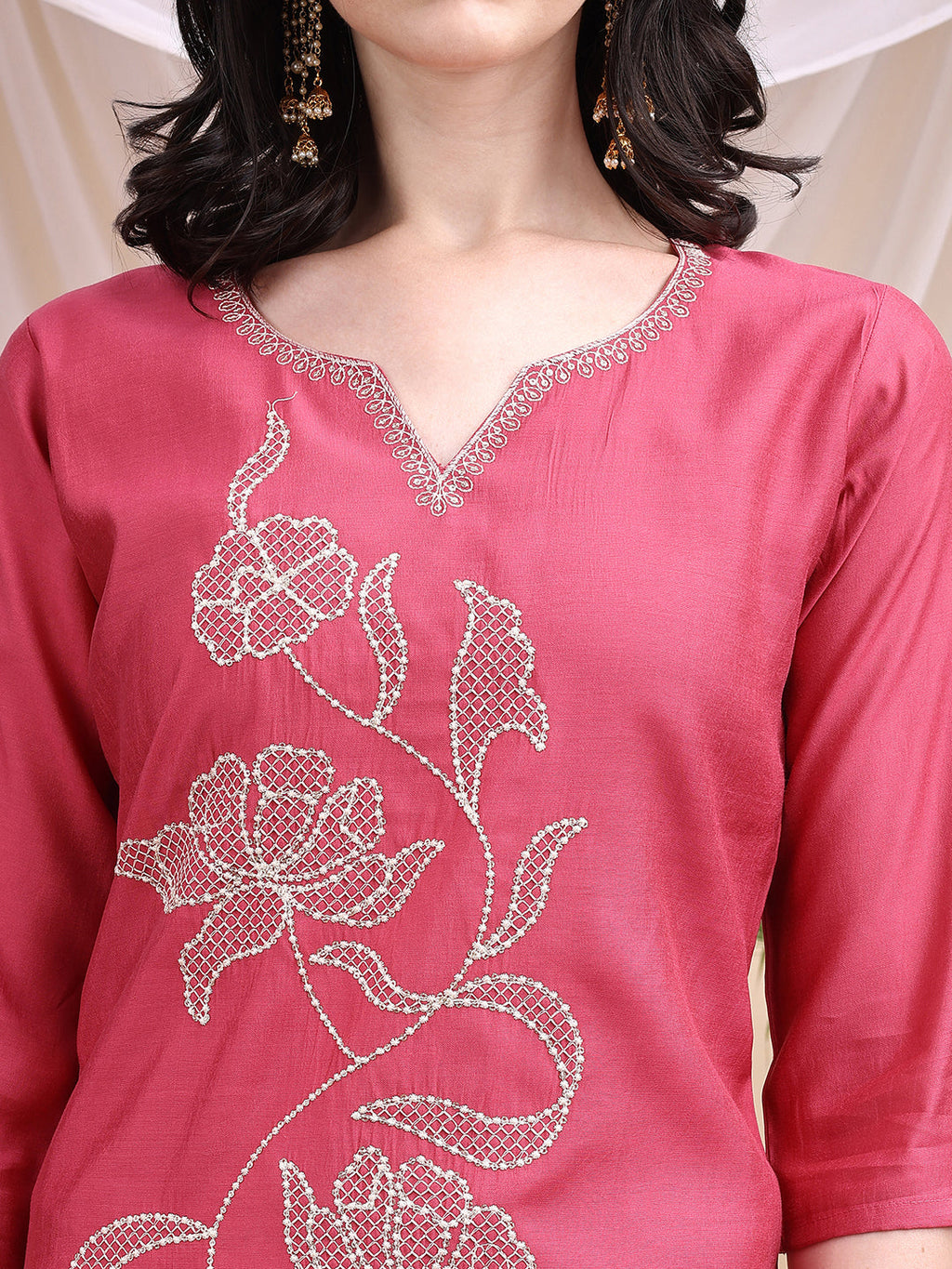 Embroidered Kurta With Pant & Printed Dupatta, Pink - Hiral Fashion | Grocsy