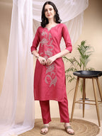 Embroidered Kurta With Pant & Printed Dupatta, Pink - Hiral Fashion | Grocsy