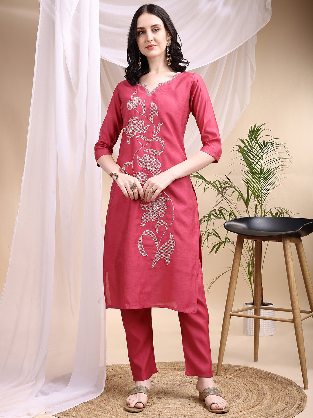 Embroidered Kurta With Pant & Printed Dupatta, Pink - Hiral Fashion | Grocsy