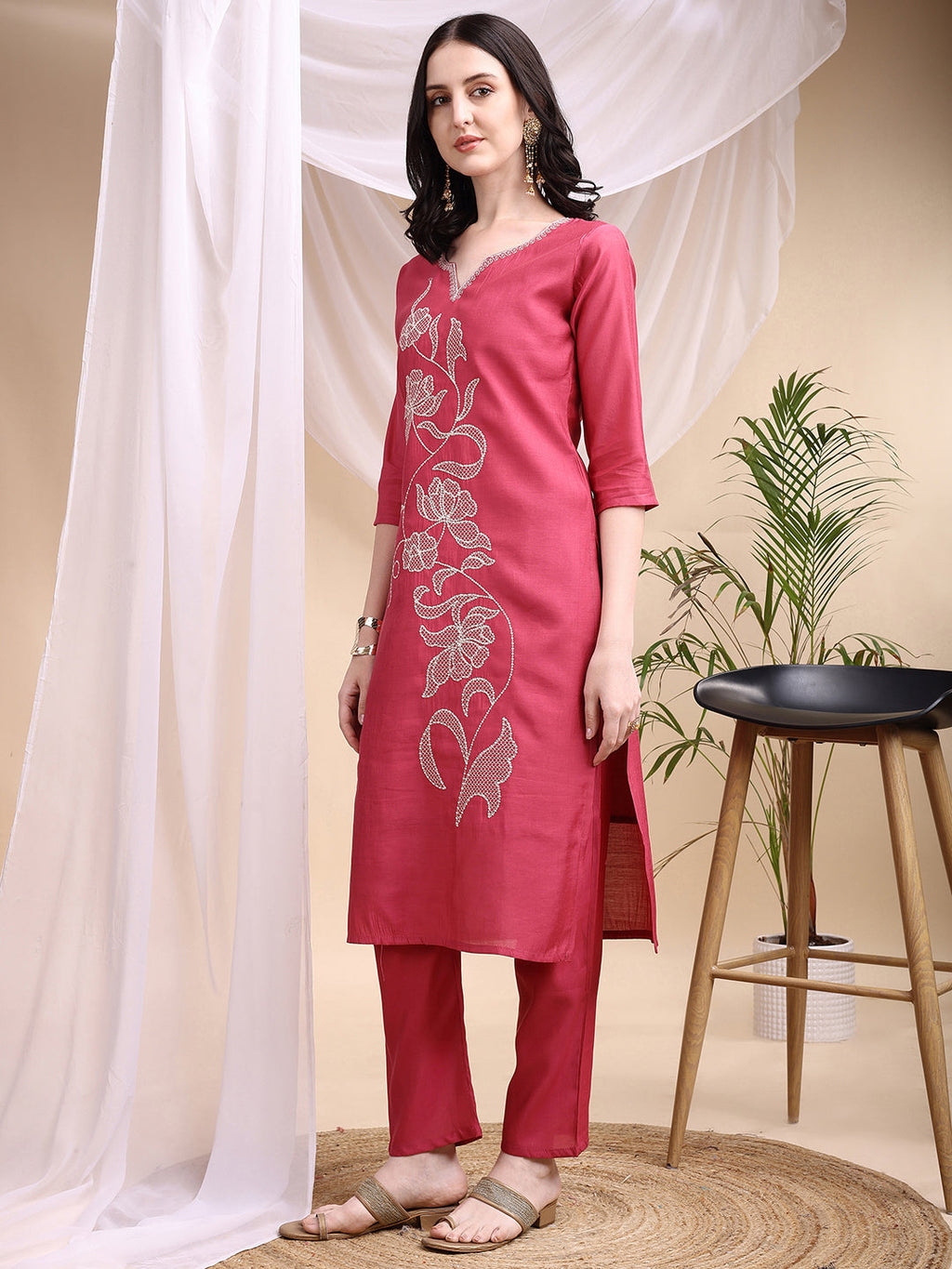 Embroidered Kurta With Pant & Printed Dupatta, Pink - Hiral Fashion | Grocsy