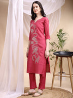Embroidered Kurta With Pant & Printed Dupatta, Pink - Hiral Fashion | Grocsy